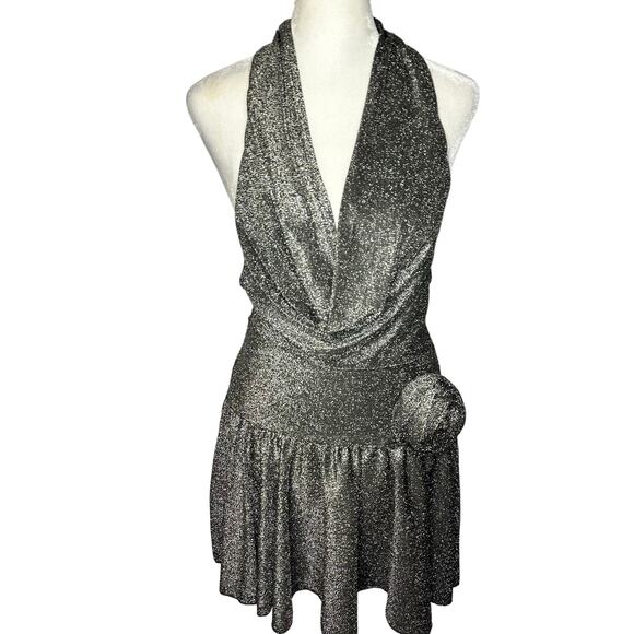 omighty Dresses & Skirts - O-mighty Black Shimmer Glittery Rose Halter V-Neck Party Dress Medium